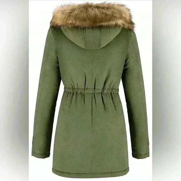 Women's Winter Olive Green Coat Hooded Warm Jacket with Fur Trim Size Medium - Picture 6 of 15